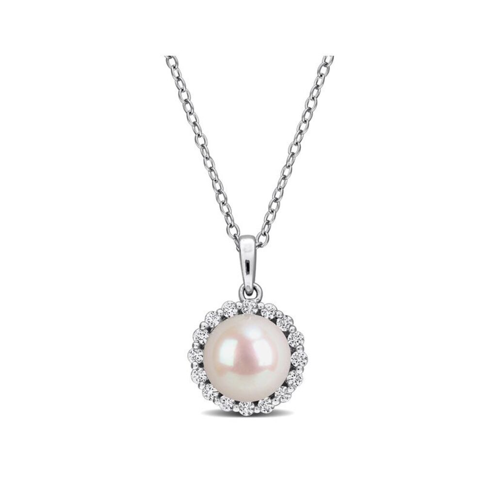 8-8.5mm Freshwater Pearl 1/3 Carat (ctw) White Topaz Pendant Sterling Silver